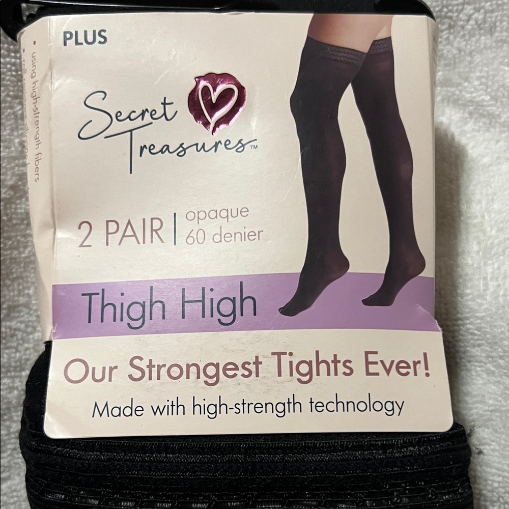 Secret Treasures Stay Up PLUS SIZE Opaque Black Thigh High Tights 2 Pk.